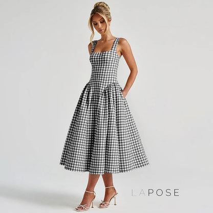 Adalae Plaid Backless Midi Dress
