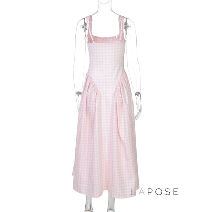 Adalae Plaid Backless Midi Dress