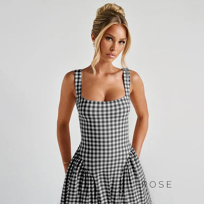 Adalae Plaid Backless Midi Dress