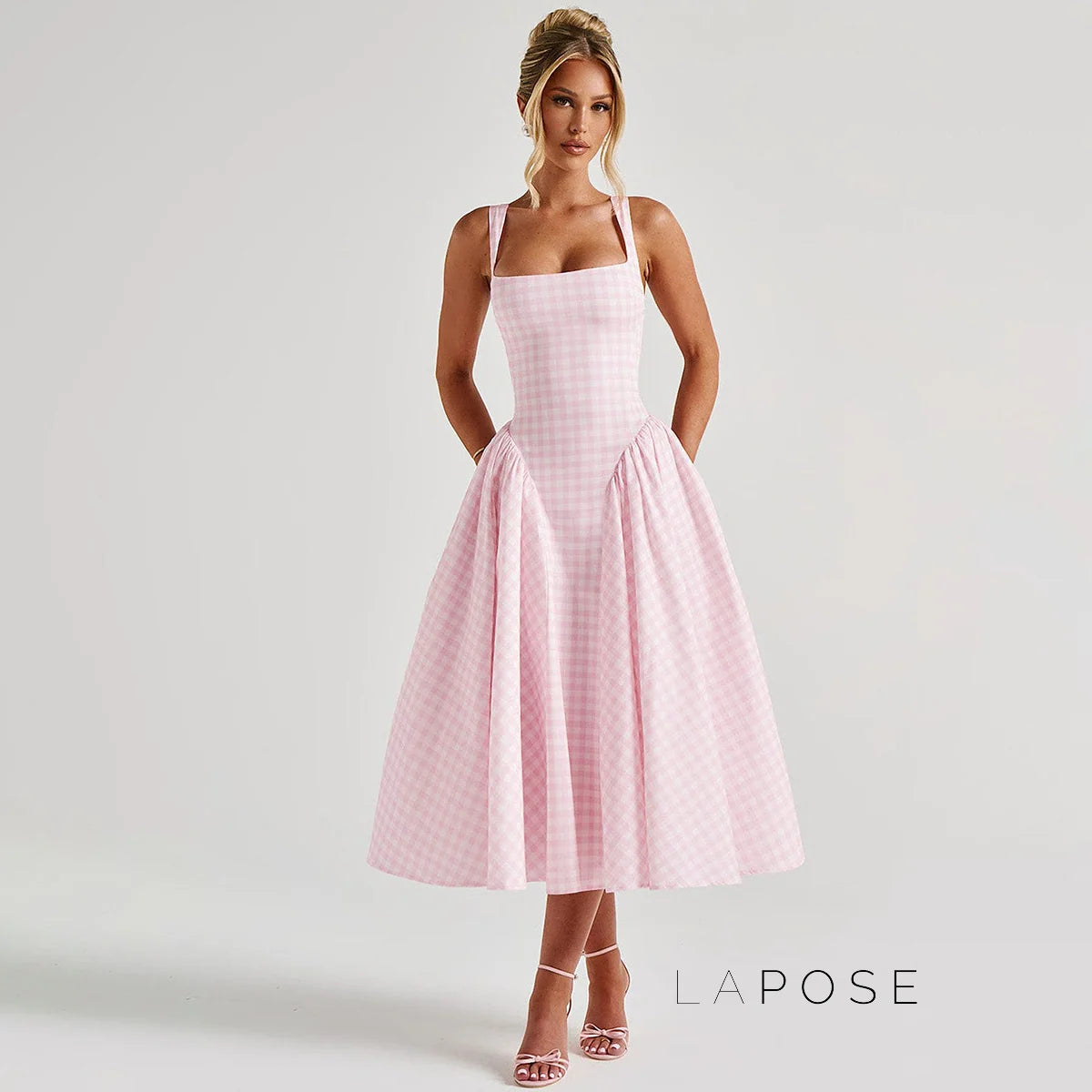 Adalae Plaid Backless Midi Dress