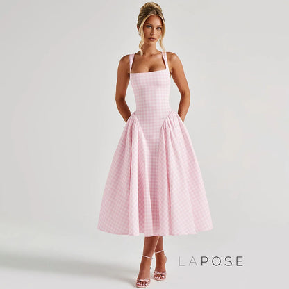 Adalae Plaid Backless Midi Dress