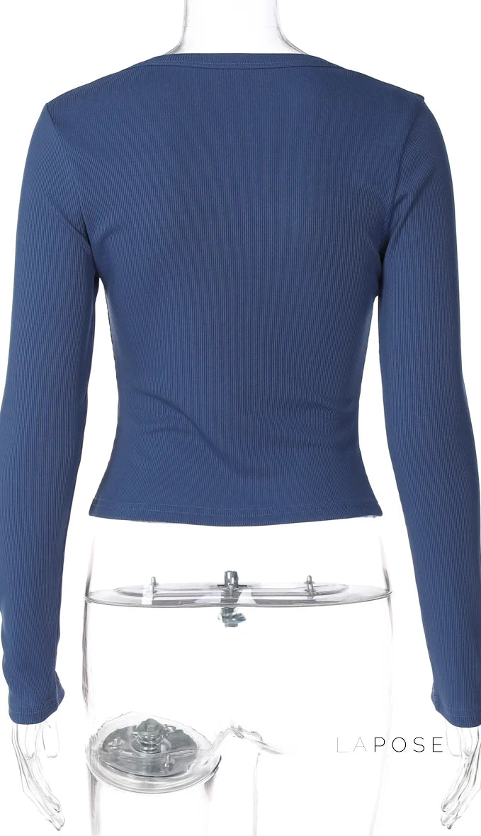 Aditri Ribbed Button U-Neck Top