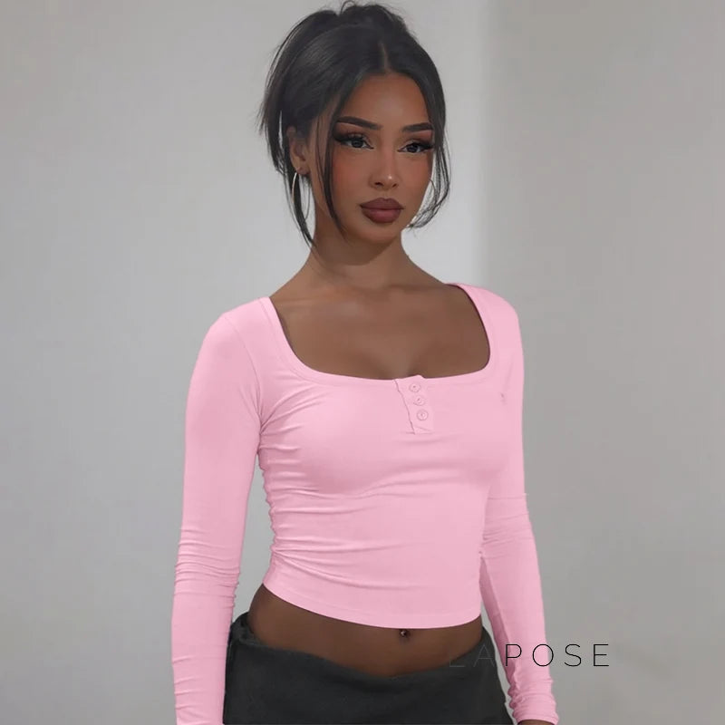 Aditri Ribbed Button U-Neck Top