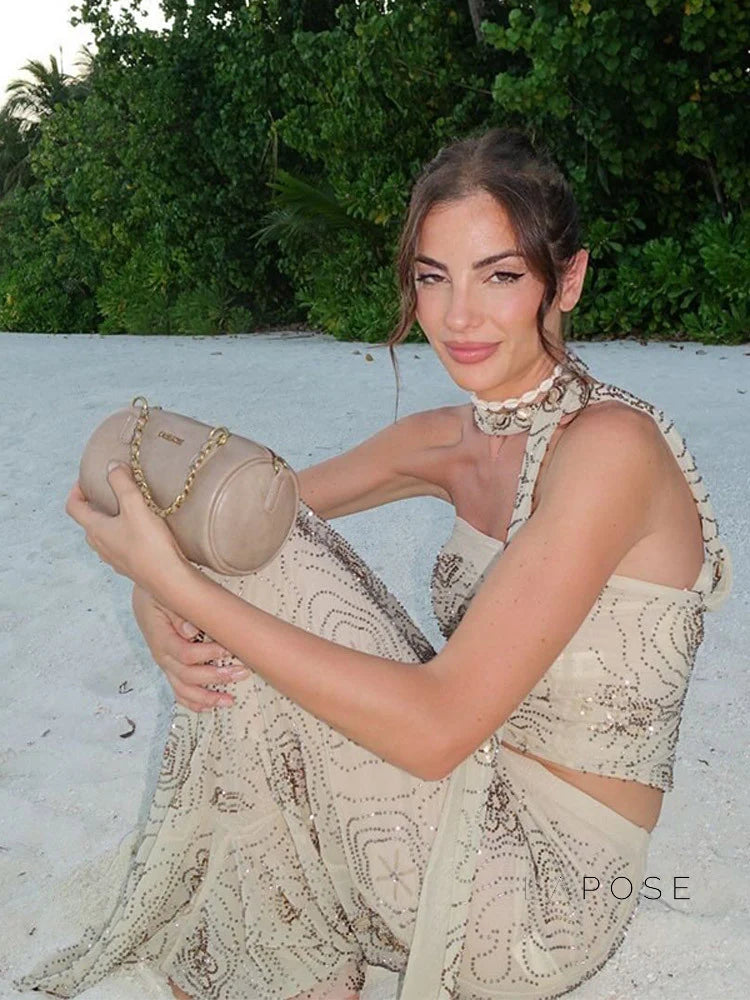 Analiz Beaded Mesh Skirt Set