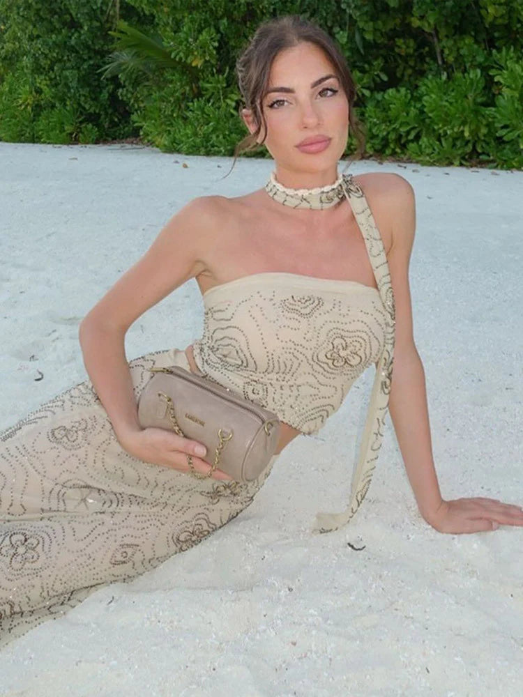 Analiz Beaded Mesh Skirt Set