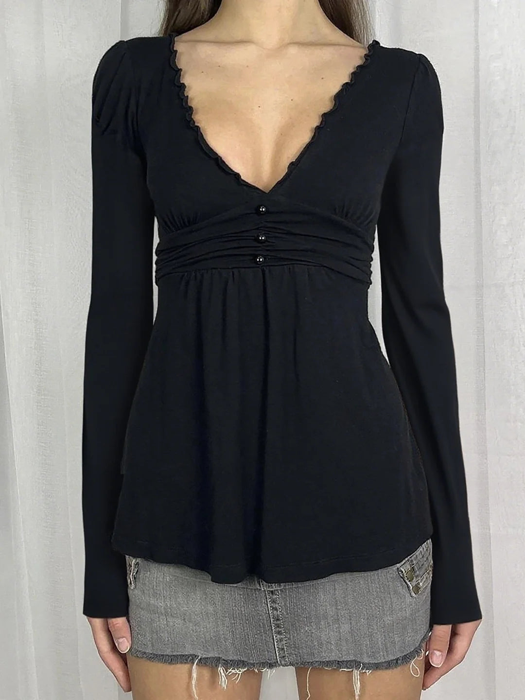 Analy Ruched V-Neck Long Sleeve Top