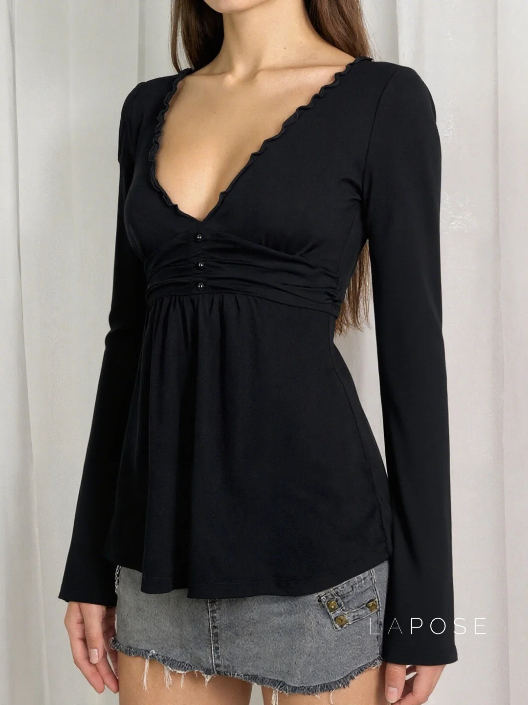 Analy Ruched V-Neck Long Sleeve Top