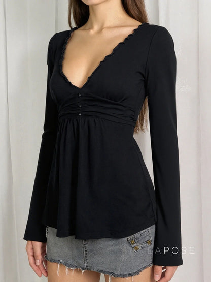 Analy Ruched V-Neck Long Sleeve Top
