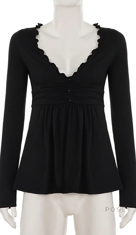 Analy Ruched V-Neck Long Sleeve Top