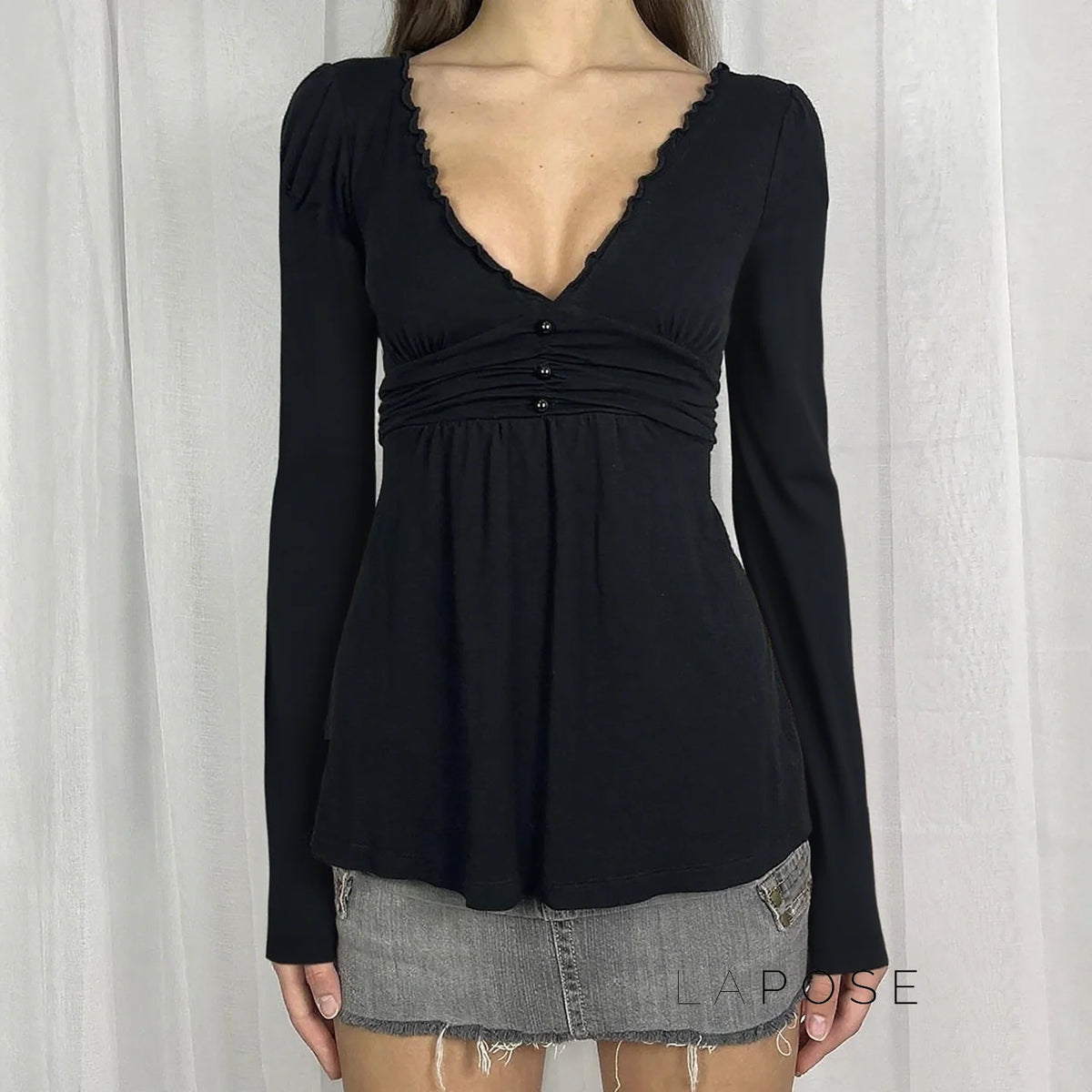 Analy Ruched V-Neck Long Sleeve Top