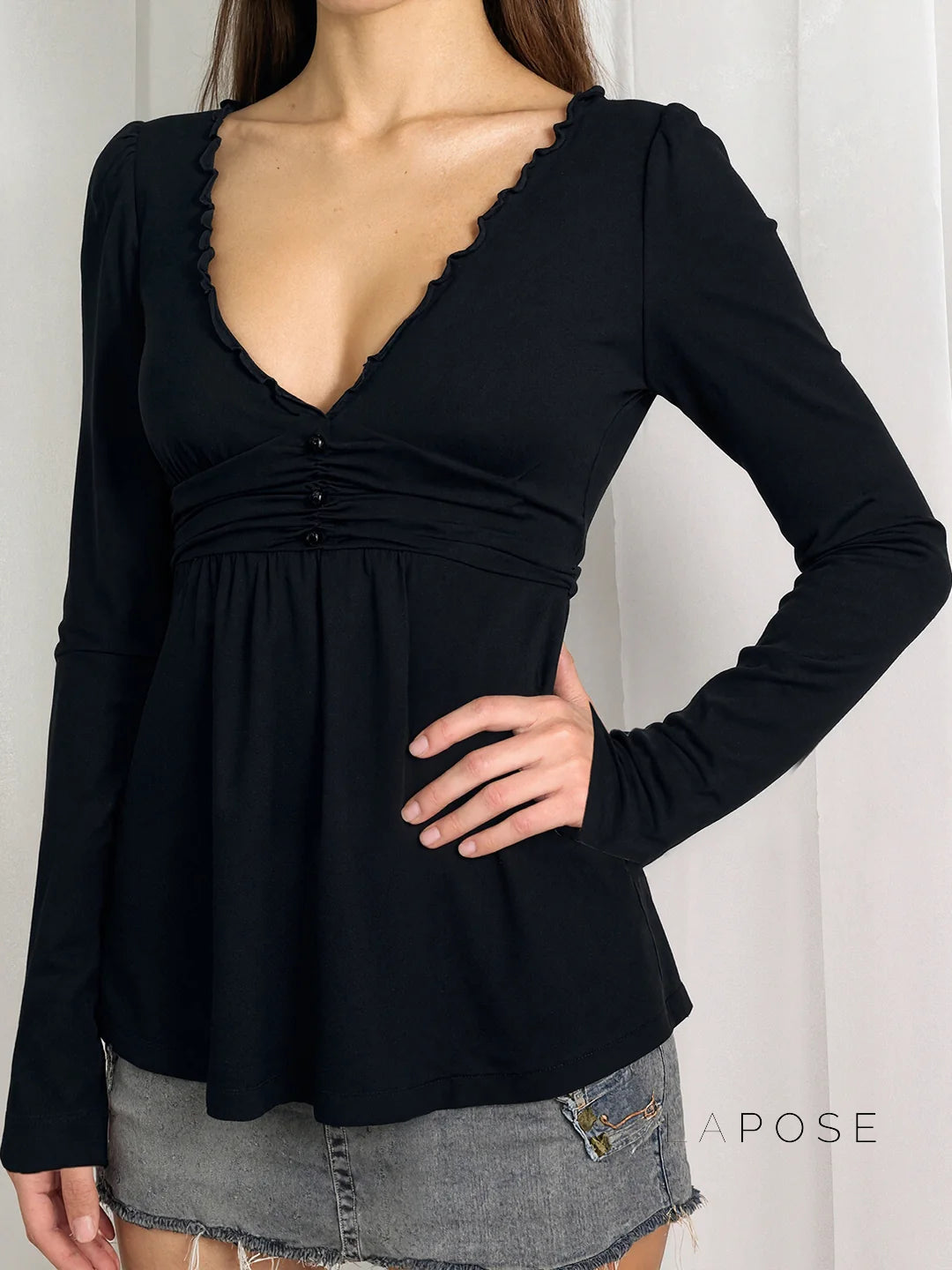Analy Ruched V-Neck Long Sleeve Top