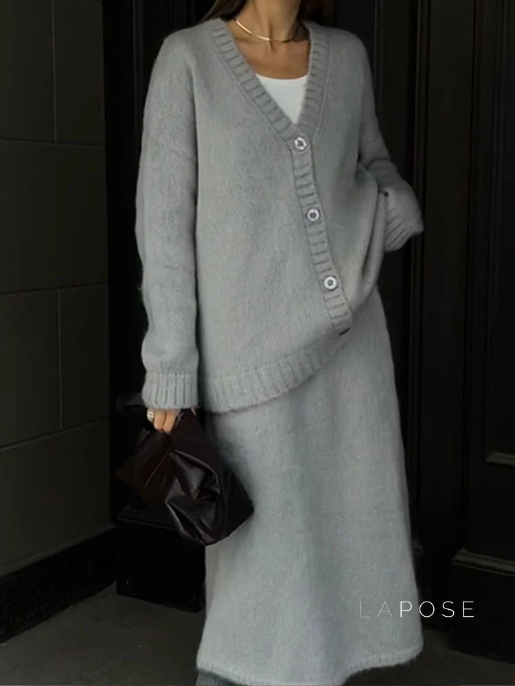 Annalyn V-Neck Knit Skirt Set