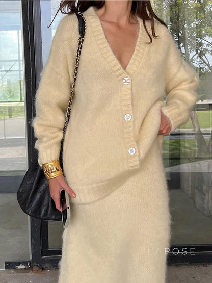 Annalyn V-Neck Knit Skirt Set