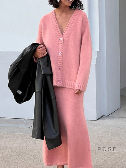 Annalyn V-Neck Knit Skirt Set