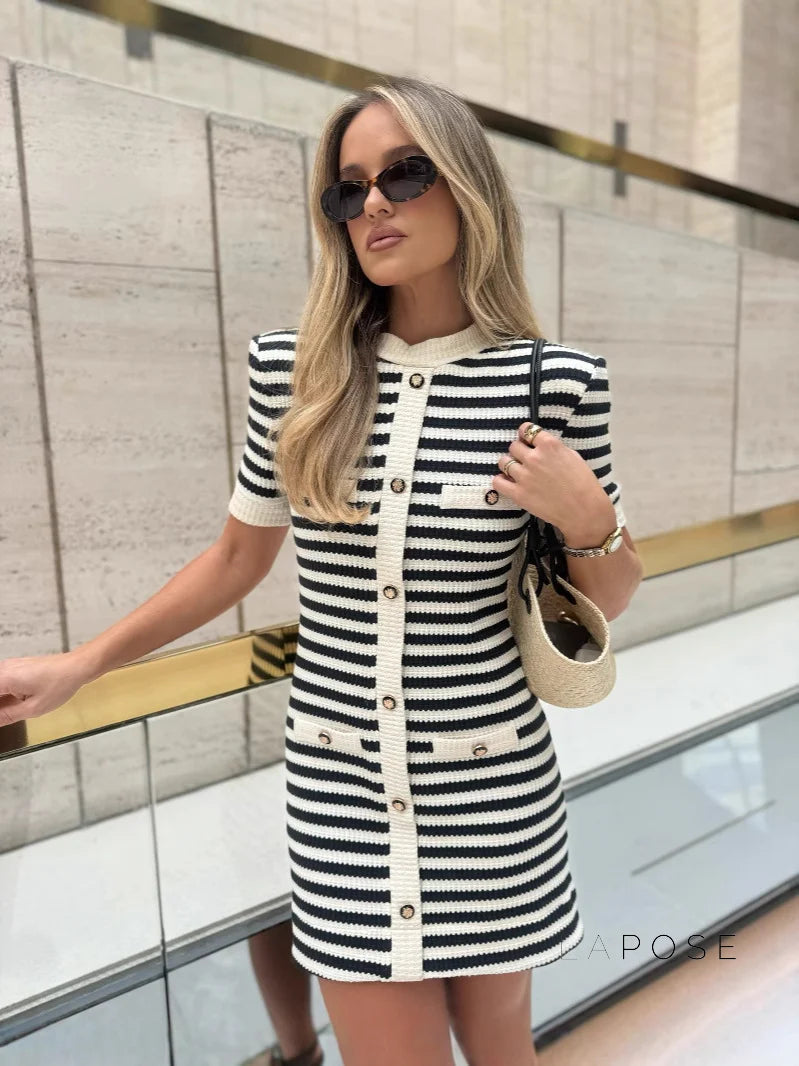 Annamae Striped Button-Front Knit Mini Dress