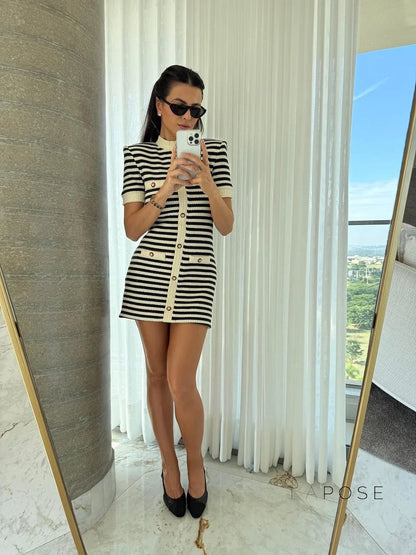 Annamae Striped Button-Front Knit Mini Dress