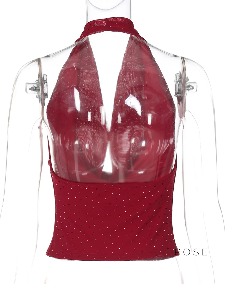 Avelynn Rhinestone Halter Crop Top