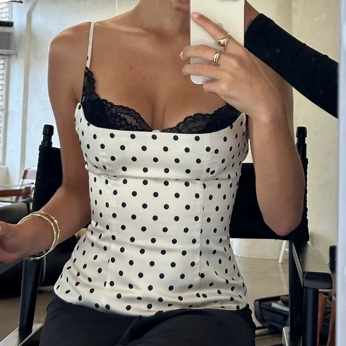 Azalia Lace Trim Polka Dot Cami