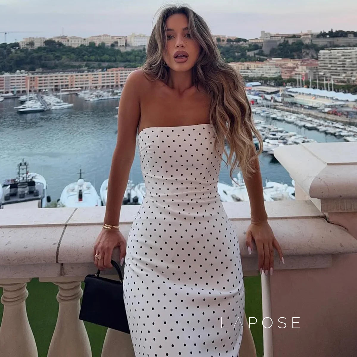 Azaria Polka Dot Strapless Midi Dress