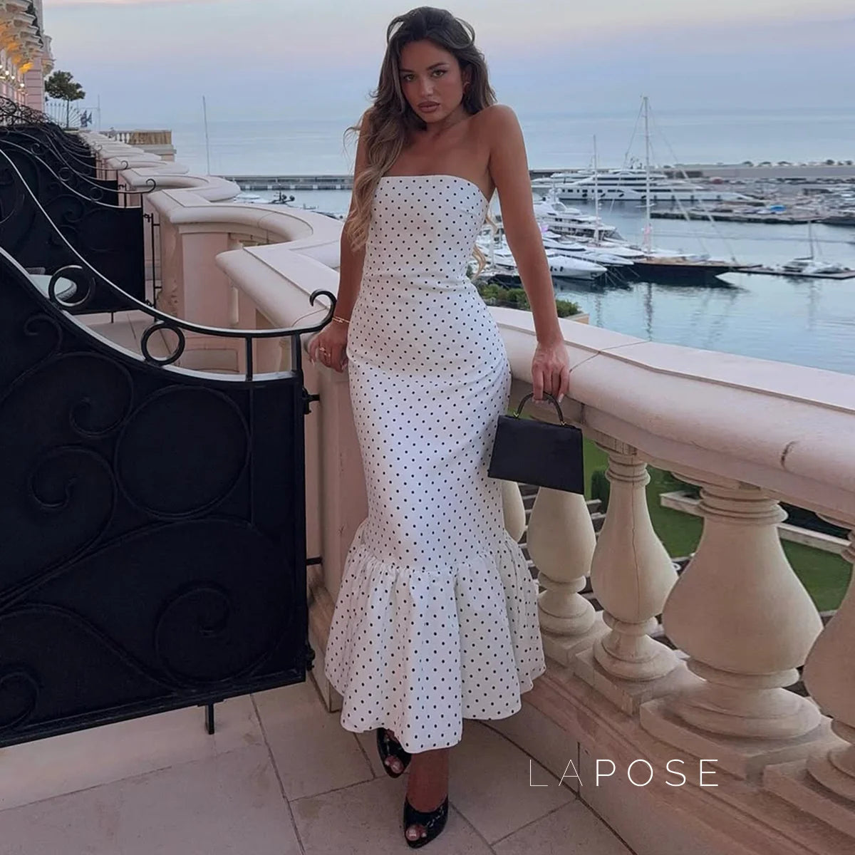 Azaria Polka Dot Strapless Midi Dress