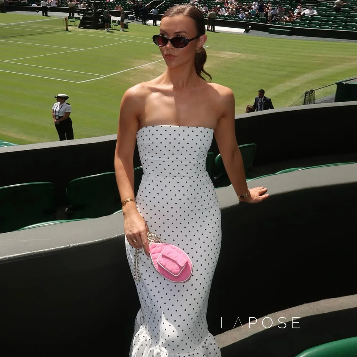 Azaria Polka Dot Strapless Midi Dress