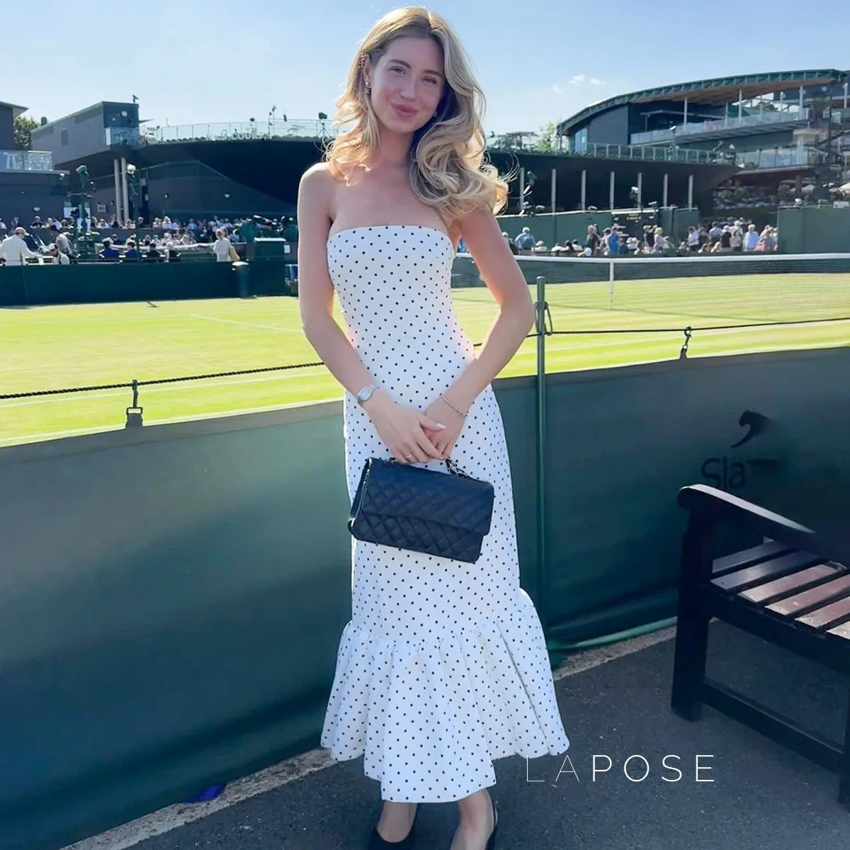 Azaria Polka Dot Strapless Midi Dress