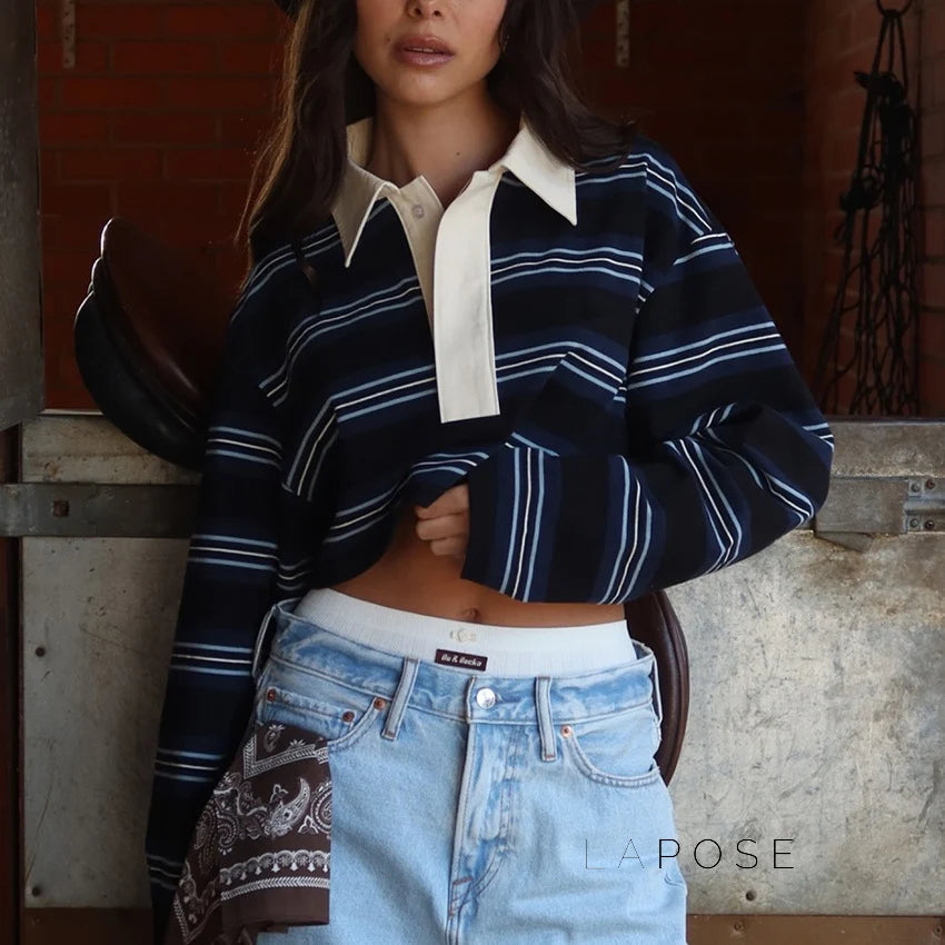 Bella Striped Polo Long-Sleeve Top