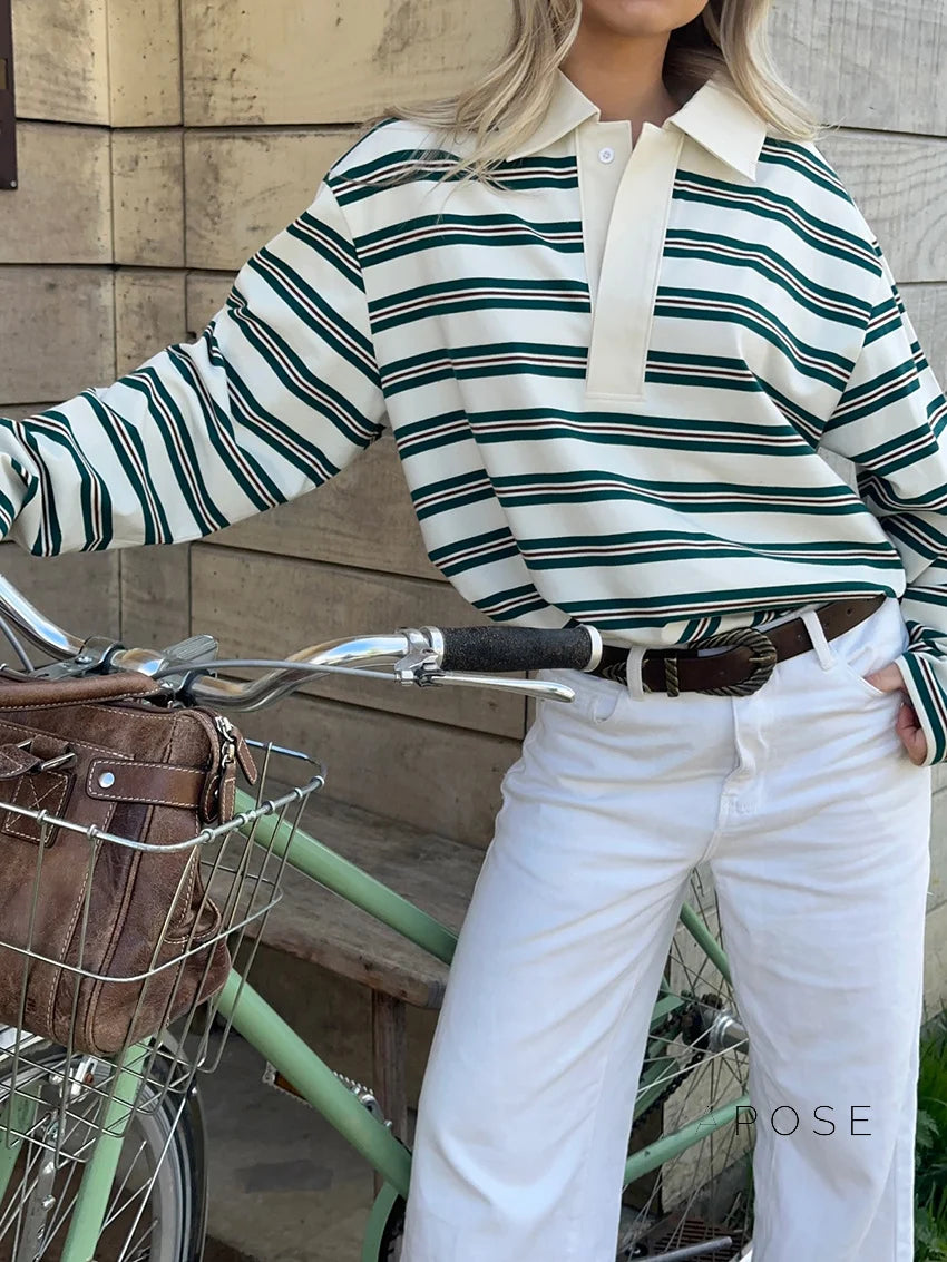 Bella Striped Polo Long-Sleeve Top