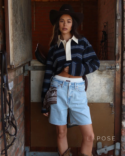 Bella Striped Polo Long-Sleeve Top
