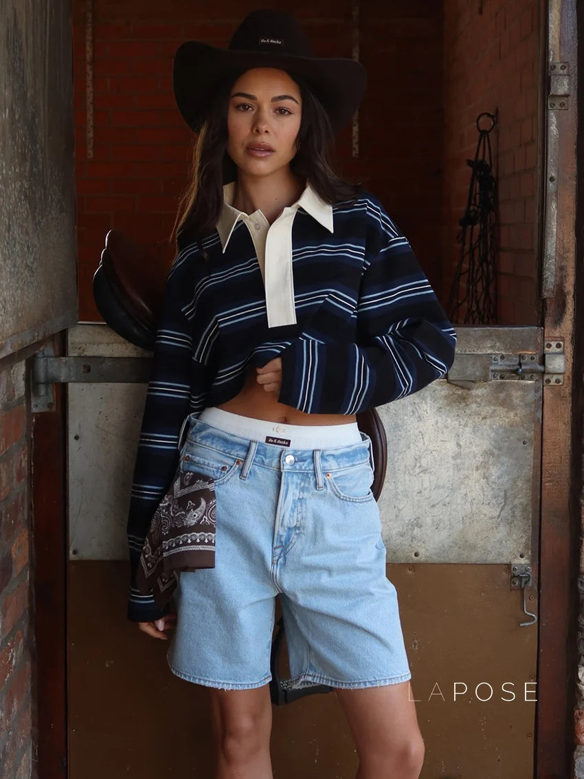 Bella Striped Polo Long-Sleeve Top