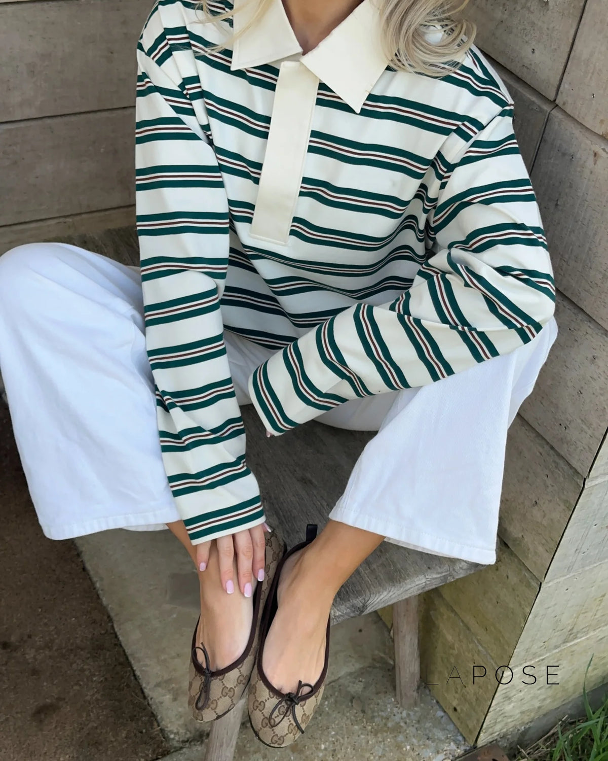 Bella Striped Polo Long-Sleeve Top