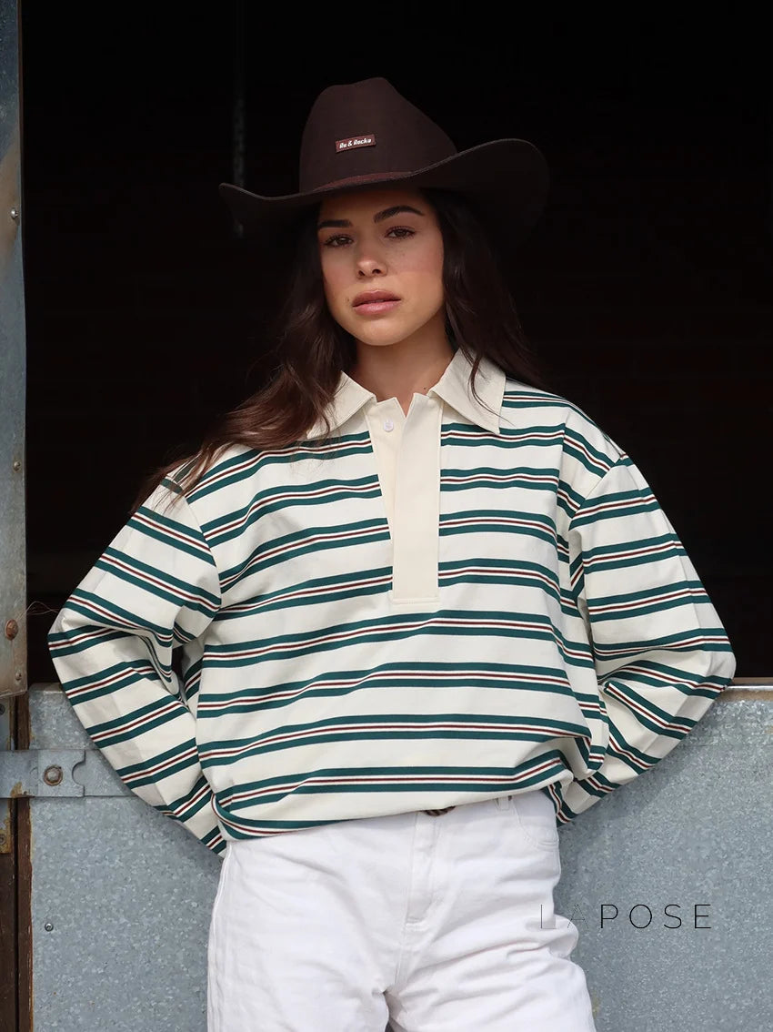 Bella Striped Polo Long-Sleeve Top