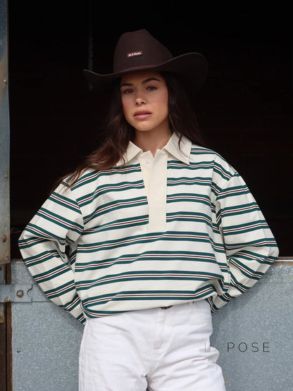 Bella Striped Polo Long-Sleeve Top