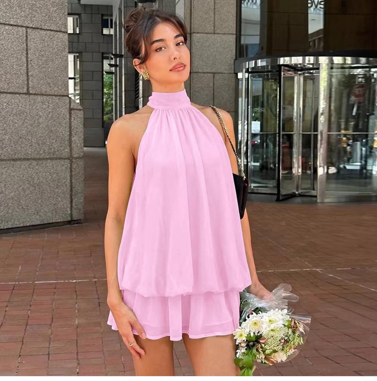 Chiffon Halter Backless Mini Dress
