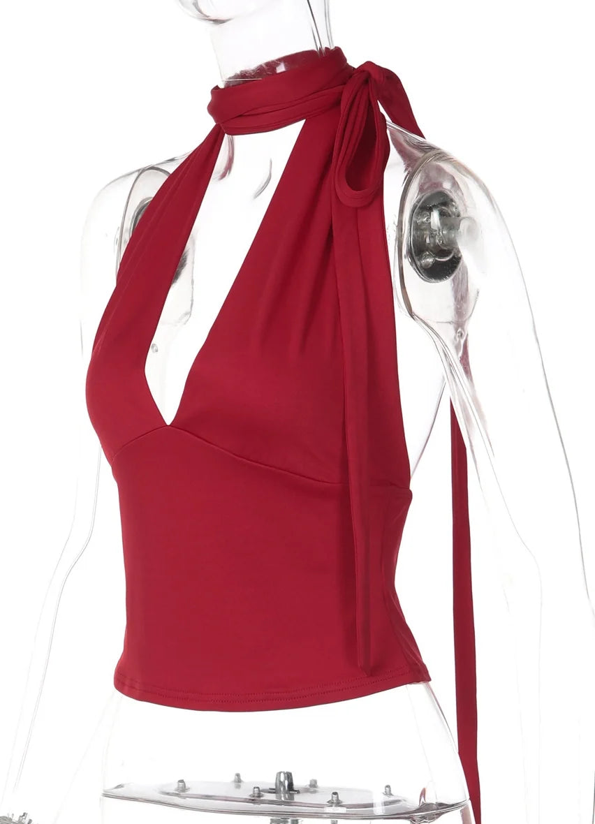 Deep V Backless Halter Top
