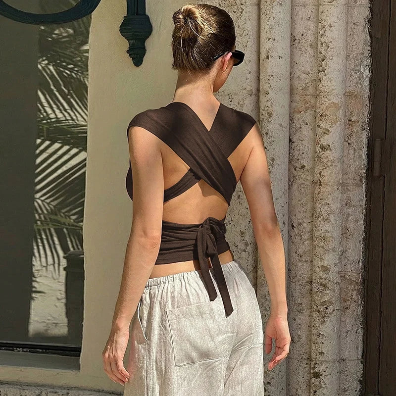 Deep V Backless Halter Top