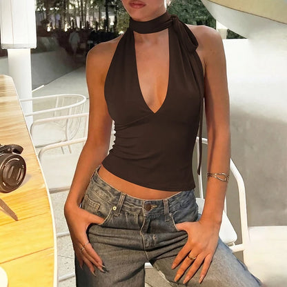 Deep V Backless Halter Top