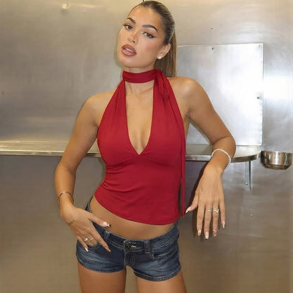 Deep V Backless Halter Top