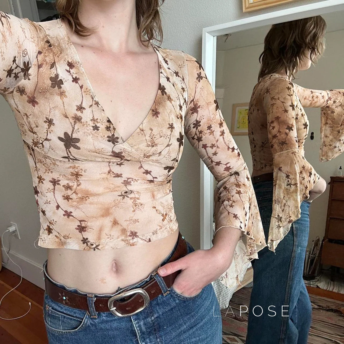 Elaina Printed Bell Sleeve Mesh Top