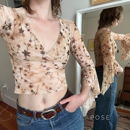 Elaina Printed Bell Sleeve Mesh Top