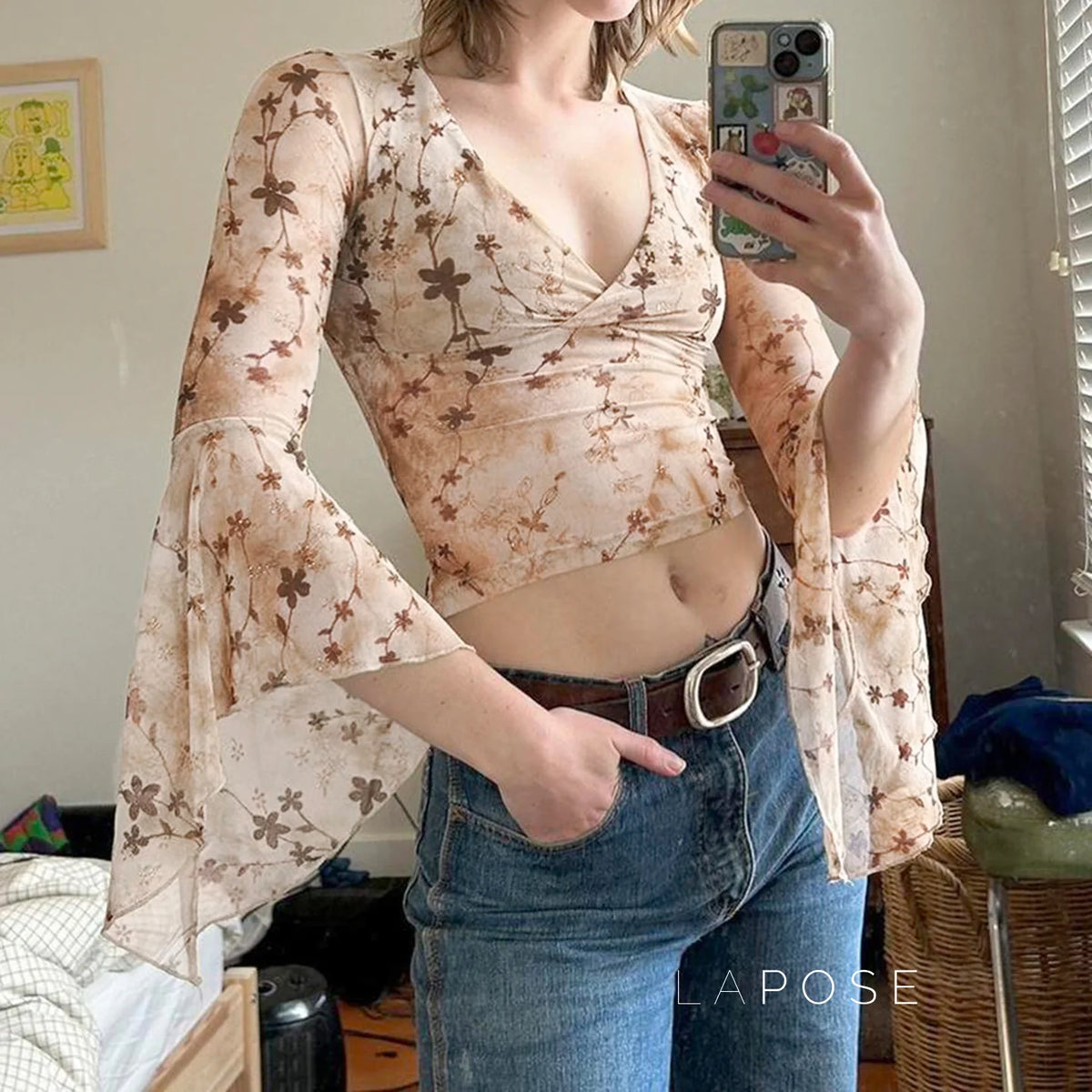 Elaina Printed Bell Sleeve Mesh Top
