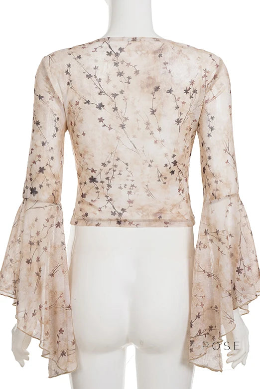 Elaina Printed Bell Sleeve Mesh Top