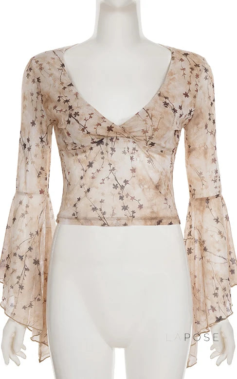 Elaina Printed Bell Sleeve Mesh Top