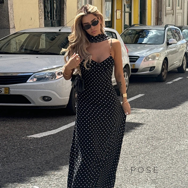 Eleanore Polka Dot Halter Maxi Dress