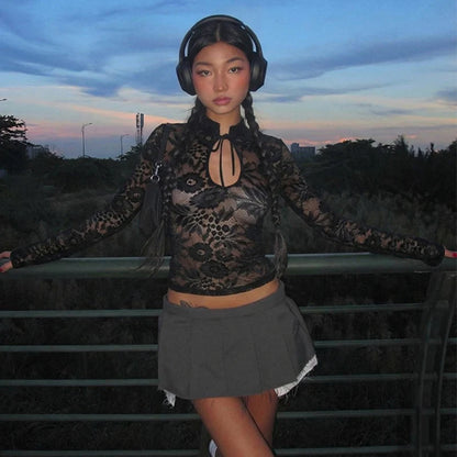 Floral Lace Sheer Mock Neck Top