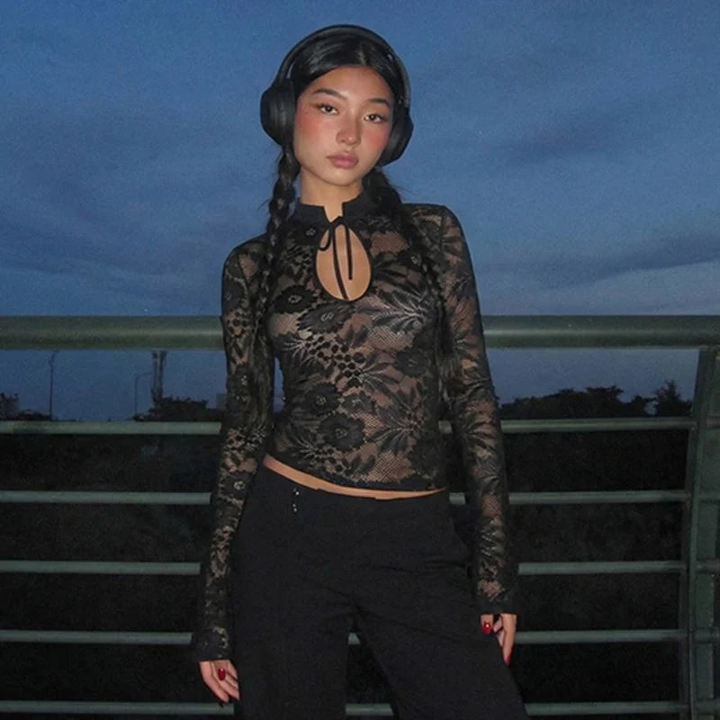 Floral Lace Sheer Mock Neck Top