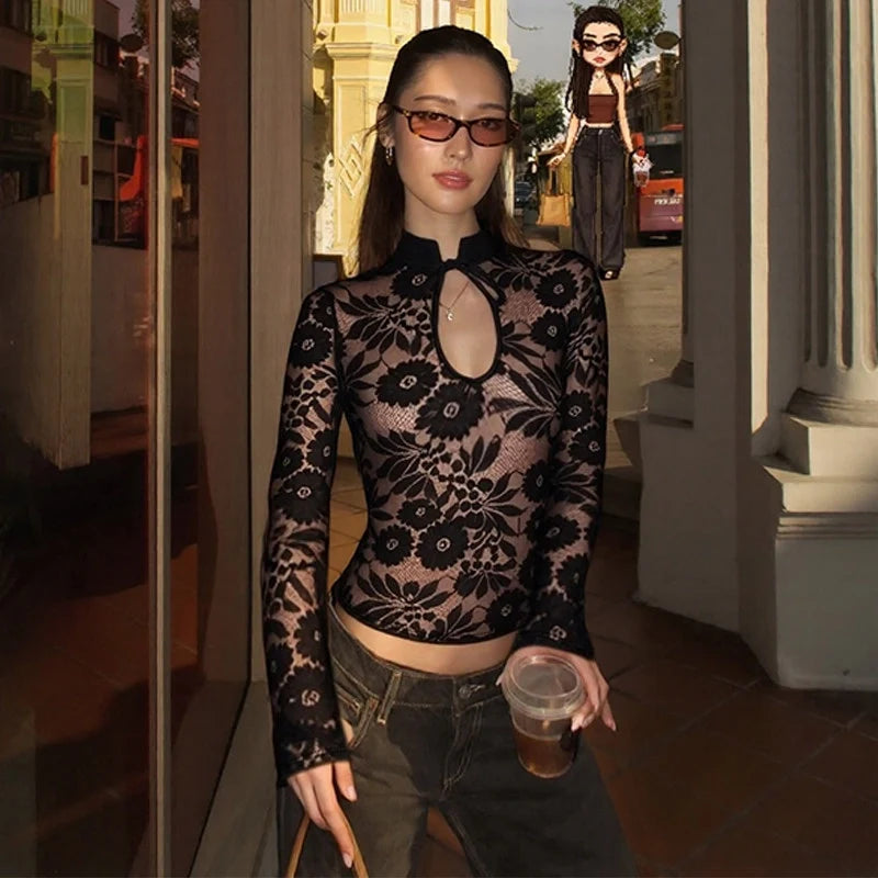Floral Lace Sheer Mock Neck Top