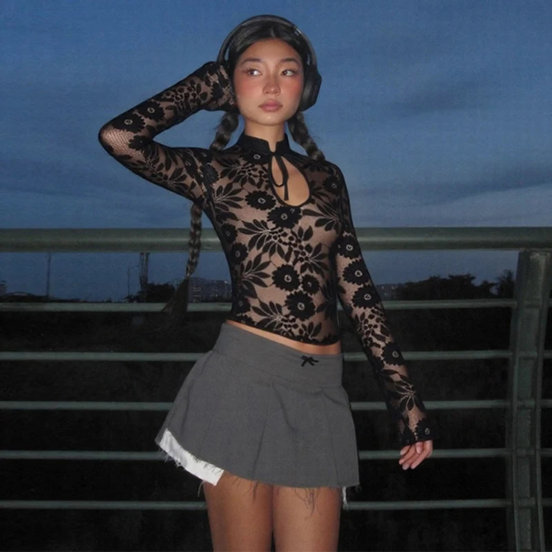 Floral Lace Sheer Mock Neck Top