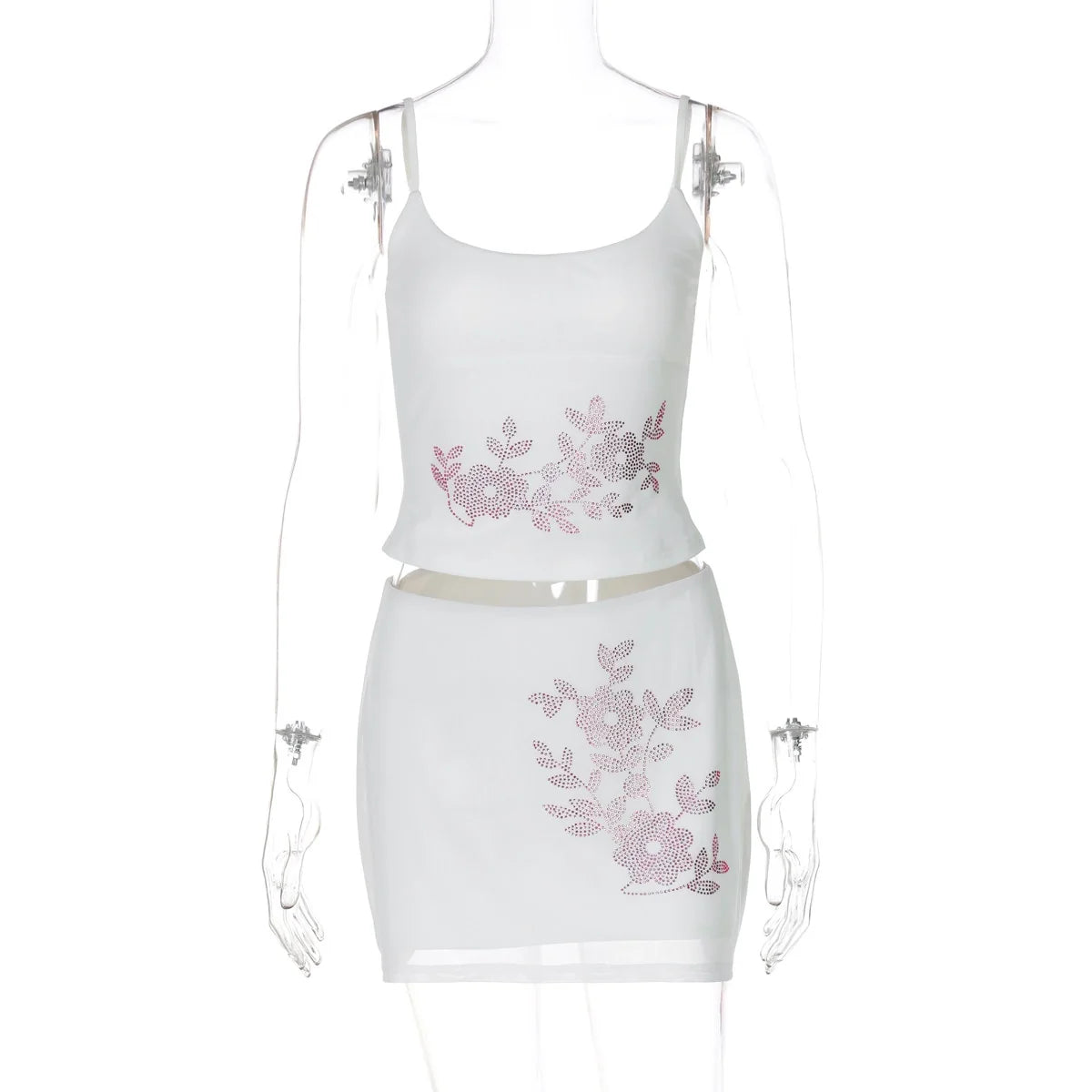 Floral Rhinestone Mesh Skirt Set