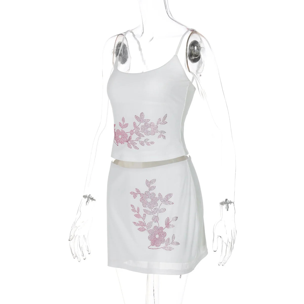 Floral Rhinestone Mesh Skirt Set